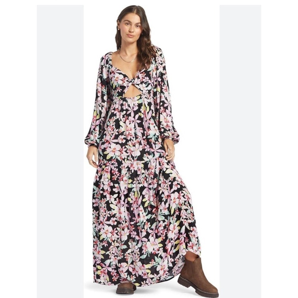 Roxy‎ On Holiday Maxi Dress Size Small Floral Long Sleeve Luau Cruise Vacation